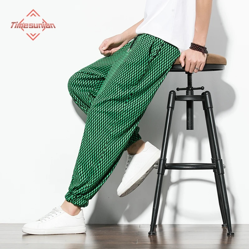 Summer Ice Silk Pants Man Korean Style Plaid Casual Mens Fashion Trousers Male Oversize Harem Clothes Streetwear 250729