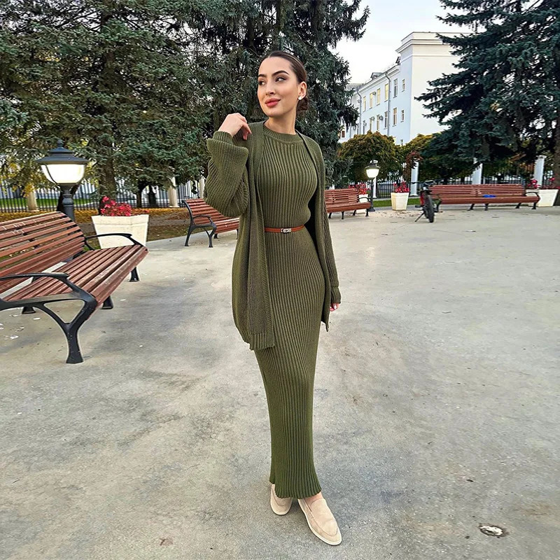 Dress Sets Knit Women Two Piece Set Splice Long Dresses Round Neck Thick Dresses Cardigan Suits Slim Fit Elegant Lady Autumn 250801