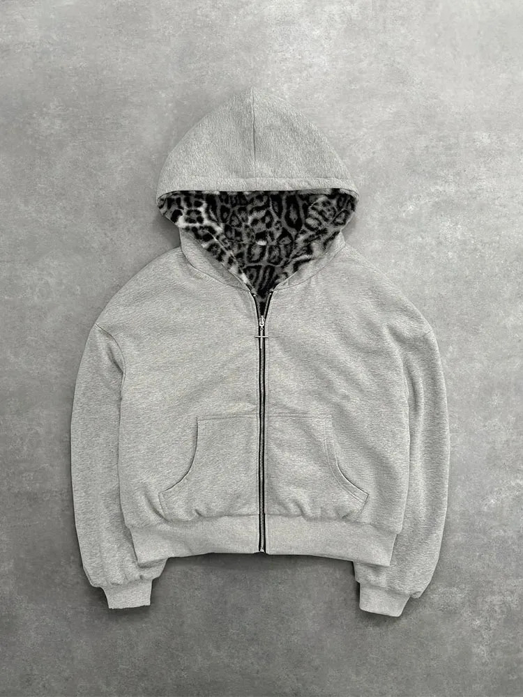 Unisex hoodie hooded sweatshirt with leopard print lining pocket loose cardigan zipper sweatshirt streetwear style 250807