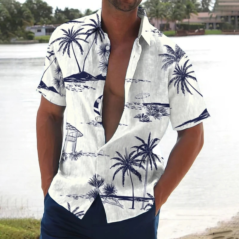 Retro Mens Shirt Coconut Tree Print Short Sleeve Shirts Beach Casual Man Clothing Loose Oversized Hawaiian For Men 2024 250807