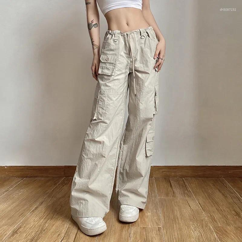 Women's Pants Pocket Patchwork Straight Light Khaki Low Rise Baggy Casual Cargo For Women Harajuku 2000s Jogging Overalls
