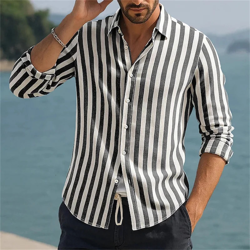 Black and White Stripe Print Men Longsleeved shirt Fashion Lapel Loose Top Casual Simple Style Mens Social Shirt Daily TShirt 250807