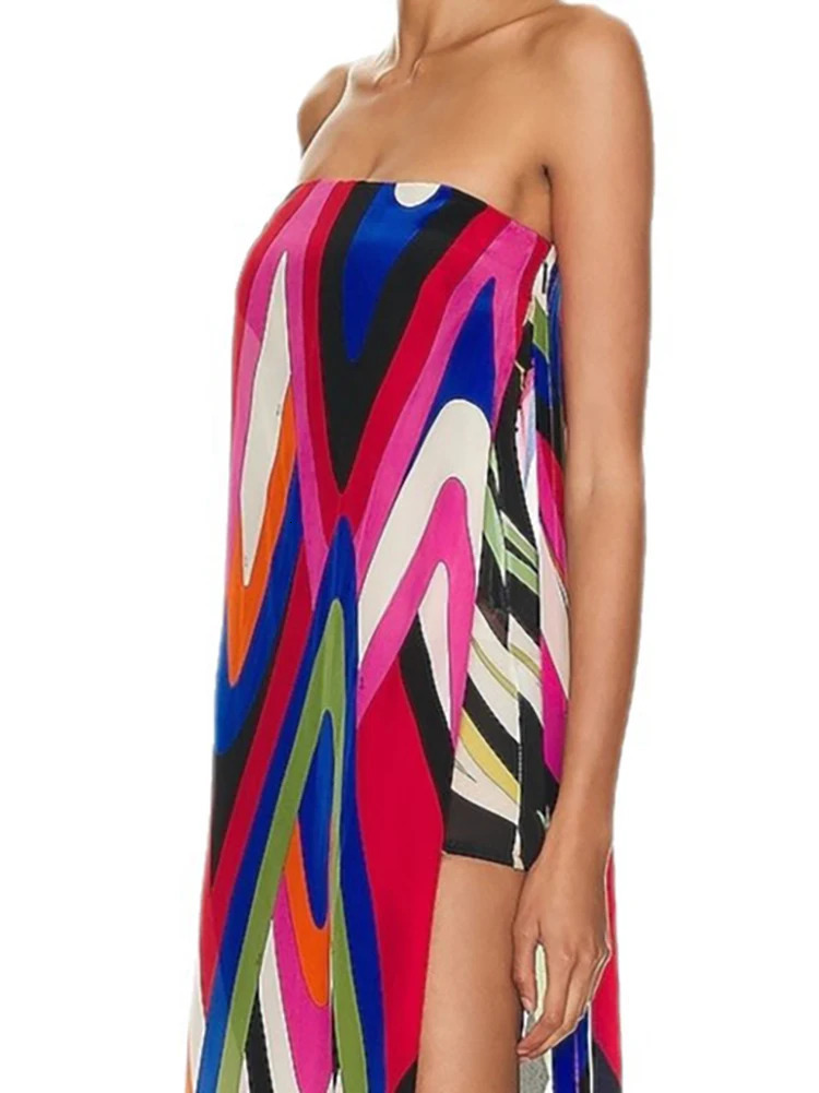 Elegant Hollow Backless Bohemian Dress Pattern Printed Strapless High Waist Summer Sexy Split Womens Long 250807