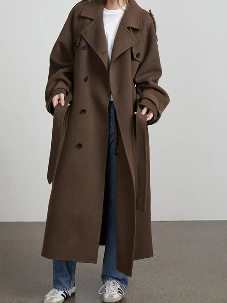 DFCF Women Autumn Winter Trench Coat Elegant Loose Lapel Laced Up Long Coats Female Streetwear Style Solid Mao Trench Coat 250801