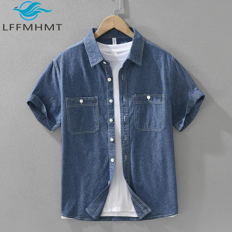 8152 100 Cotton Japan Style Vintage Denim Shirt for Men Short Sleeve Dual Pocket Solid Color Simple Slim Fit Casual Blouse Tops 250805