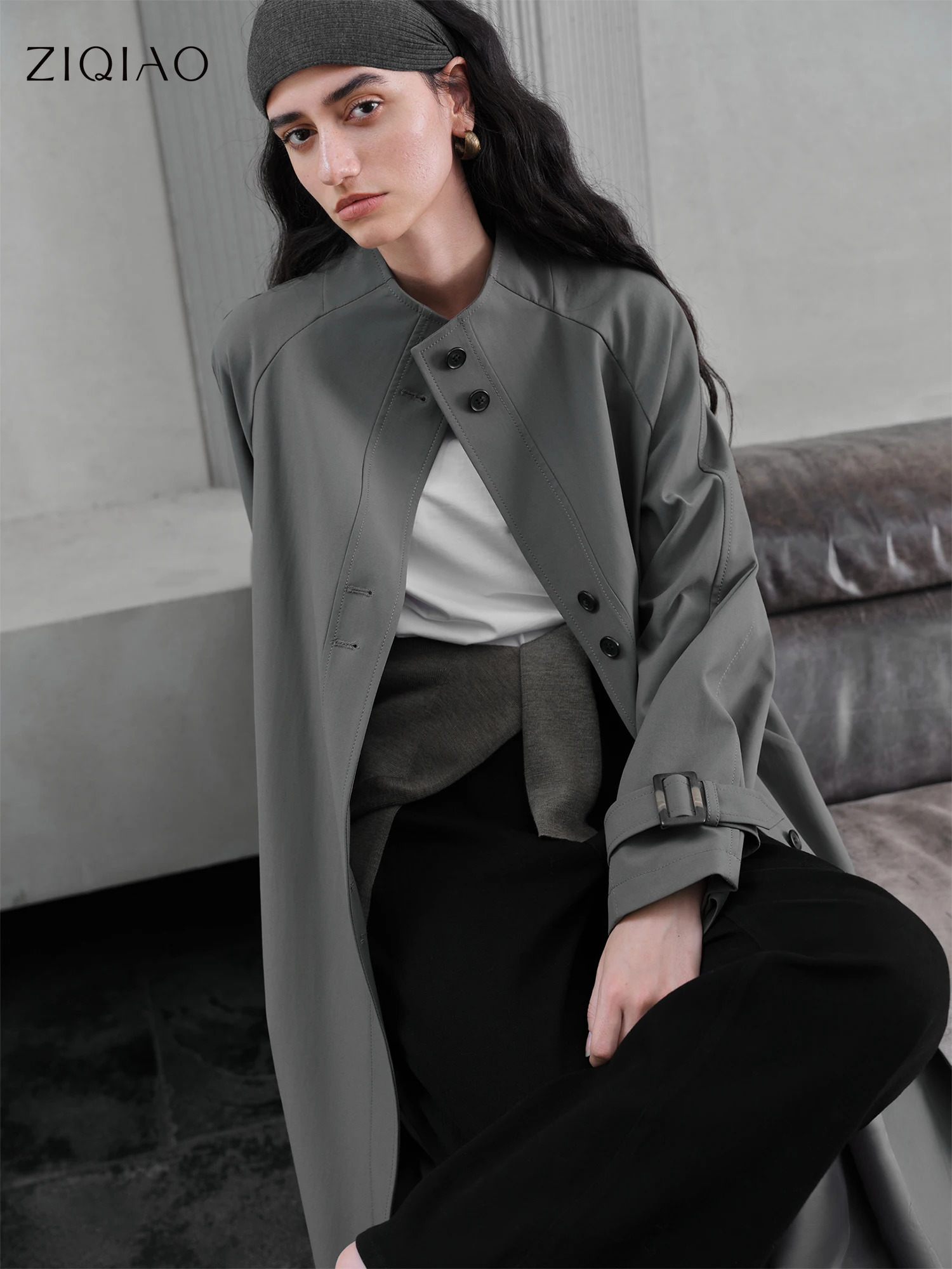 ZIQIAO Retro Style Stand Collar Mid-length Trench Long Jacket For Women Arrival Short Khaki Coat 25ZQ9315125ZQ93052 250801
