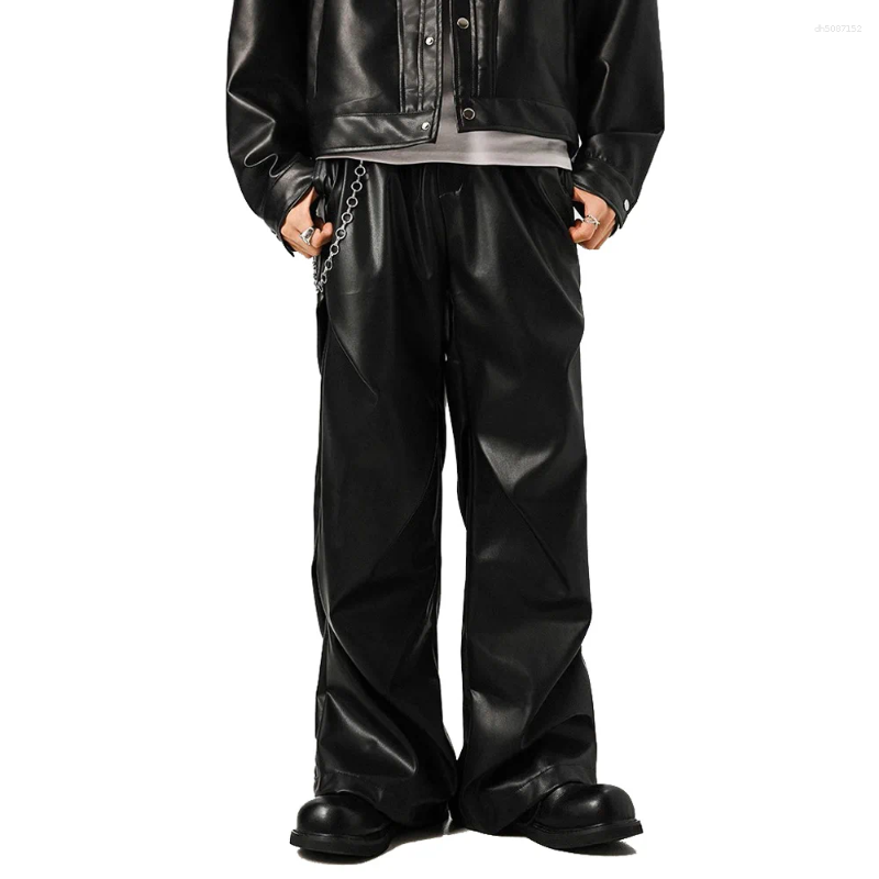 Men's Pants Men Women Pleated Streetwear Fashion Hip Hop Punk Loose Casual Leather Motorcycle Couple Trousers