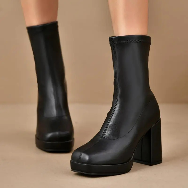 Fashion Pu Solid Black Mid Calf Boots Women Sexy Square Toe Super High Heel Chelsea Boots Warm Winter Shoes Plus Size 250806