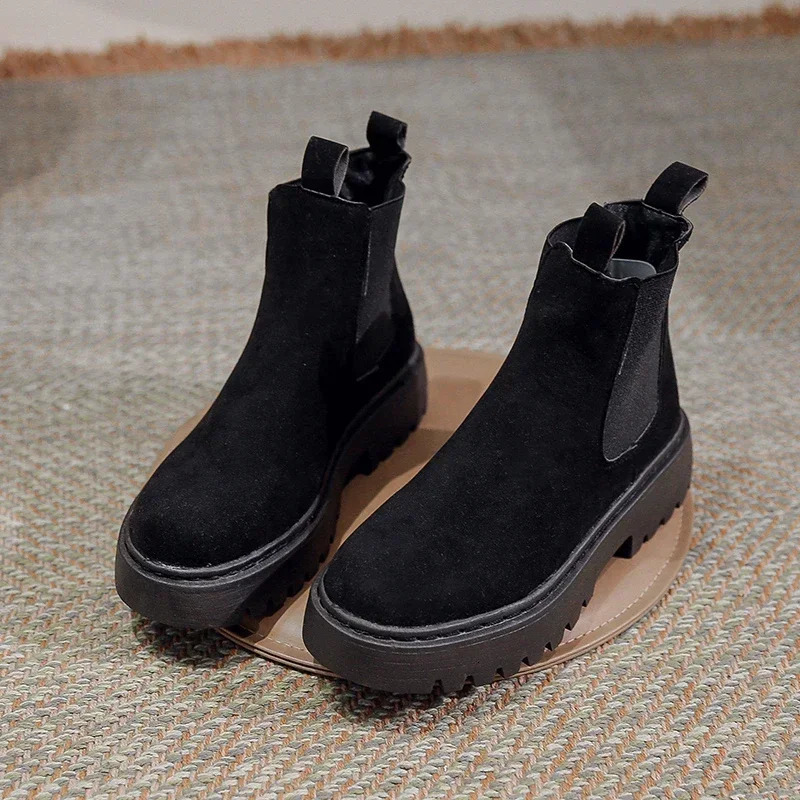 Winter Suede Black Womens Ankle Boots Platform Shoes Casual Chelsea Boots Fashion Motorcycle Fashion Short Botas Mujer 250806