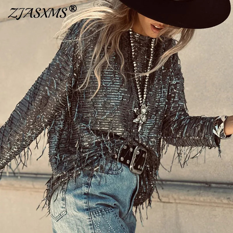 Woman Clothing 2025 Fashion Tassel Sparkly Sequin Blouse Elegant O Neck Loose Party Top Pullover Autumn Long Sleeve Casual Shirt 250804