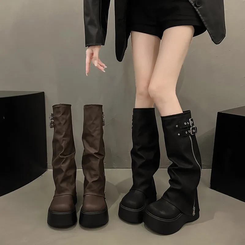 Vintage Platform Thick Bottom Woman Knight Boot Fashion Belt Buckle Ladies Autumn Winter Knee High Booties 250806