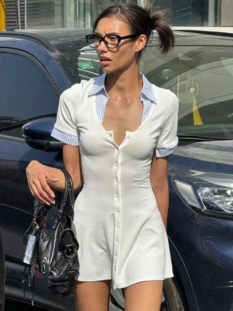Mozision Fashion Short Sleeve Sexy Mini Dress Women Patchwork Square Collar Striped Singlebreasted Slim High Waist 250807