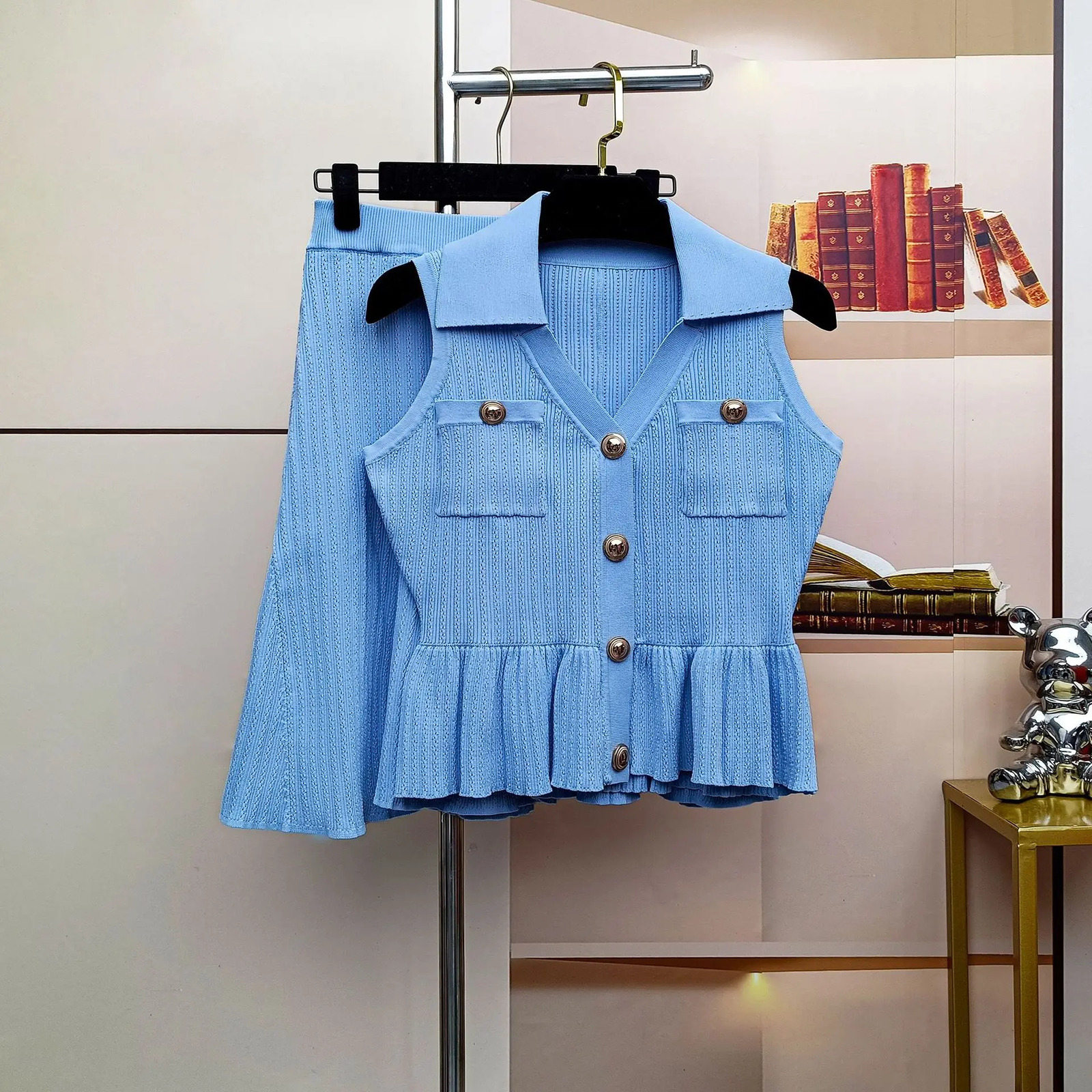 ZJYT Summer Fashion Turn Down Collar Sleeveless Knitted Top and Skirt Two Pieces Womens Outfit Elegant Black Blue Suit 250801