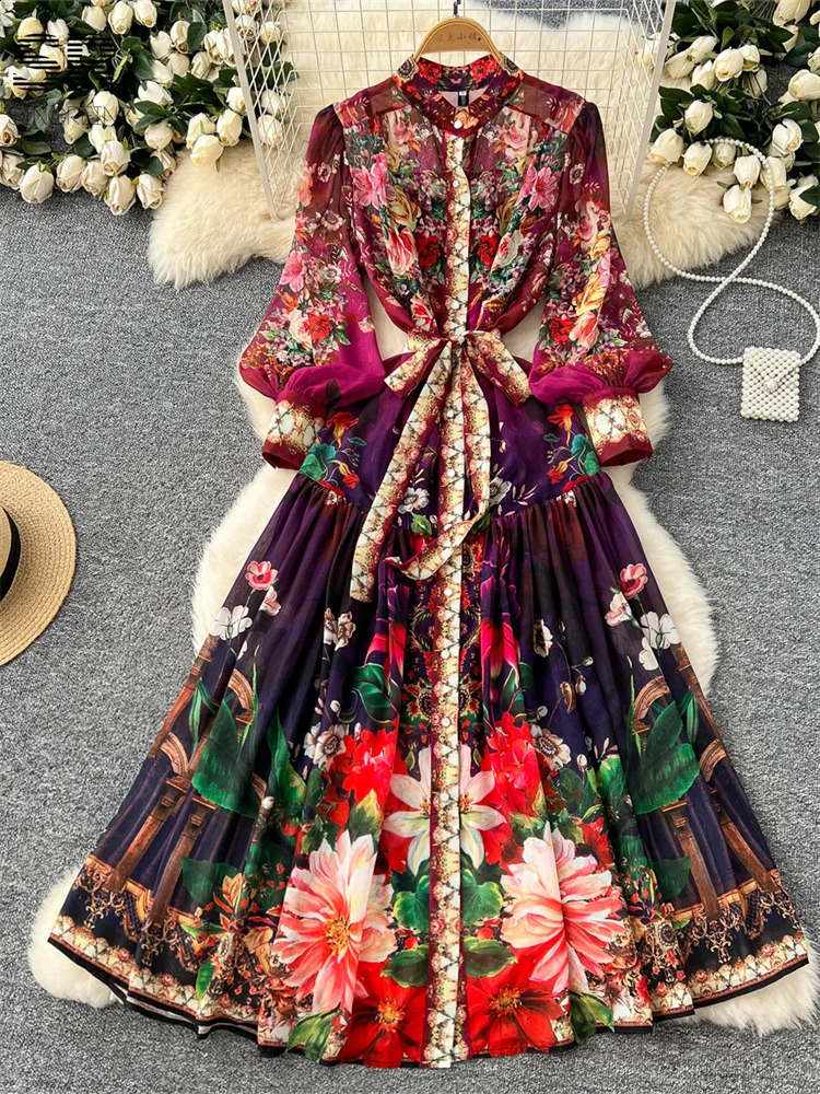 SINGREINY Vintage Print Chiffon Dresses Women Lantern Sleeve O Neck n Fashion High Quality Court Floral Pleated Long Dress 250808