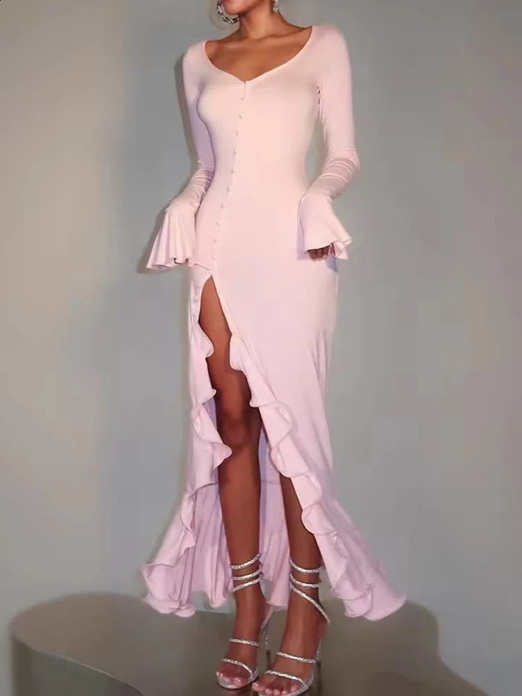 Mozision Flare Long Sleeve Ruffle Sexy Maxi Dress Women Autumn Pink V Neck Single-breasted High Waist Club Long Dresses Female 260609BJ