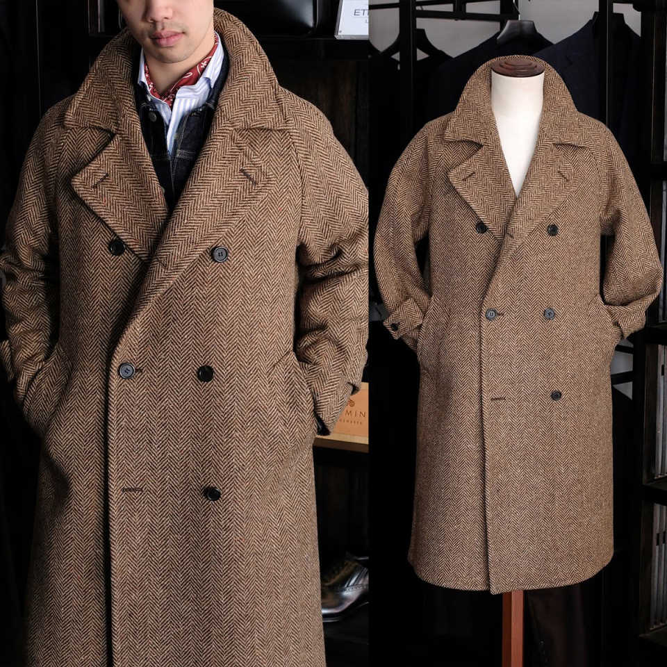 Vintage Autumn Winter Men's Tweed Windproof Warm Coat Double Breasted Customized Prom Male Wedding Party Wear