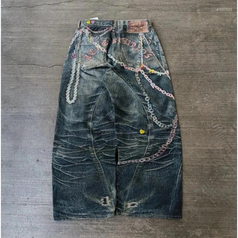 Mens Jeans High Street Geometric Letter Chain Print Design Old-sized High-waisted For Women Y2K Aesthetic Leisure Niche Simple Pants