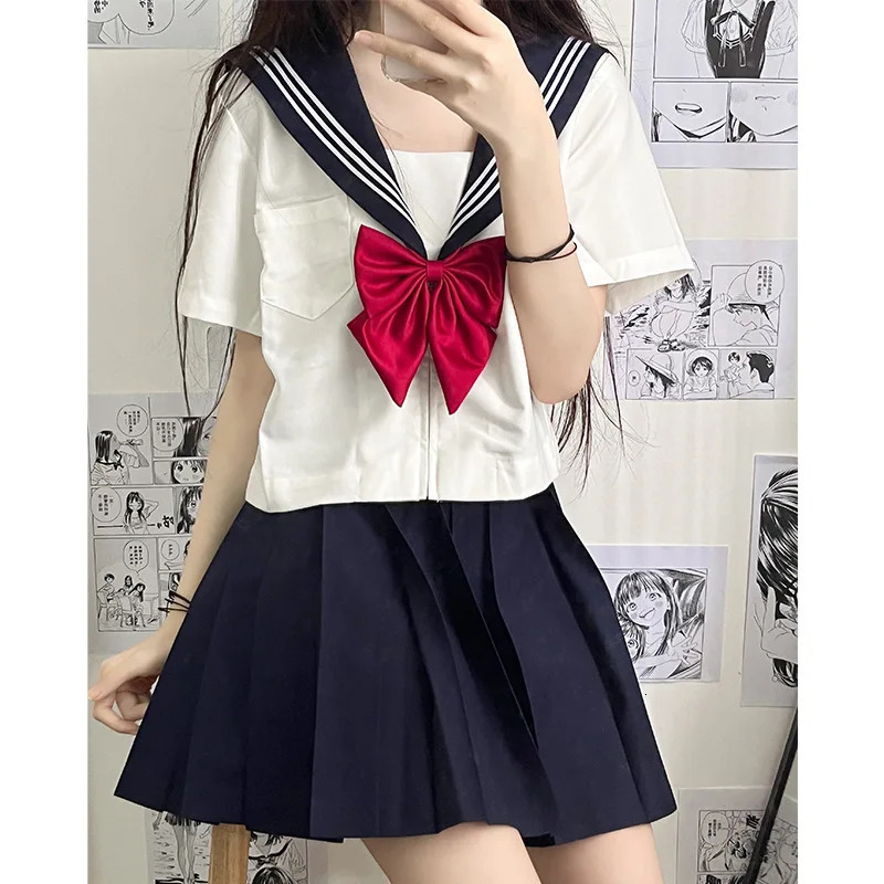 Japanese School Uniform Girl Jk Suit Sexy Spring and Autumn Red Tie White Three Basic Sailor Women Long Sleeve y250729