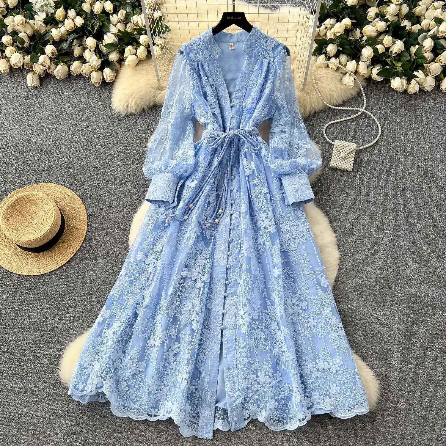 Broderie robes formelles Femmes d'été automne lanterne à manches longues en dentelle de dentelle de perle de perle du soir robe d'anniversaire de