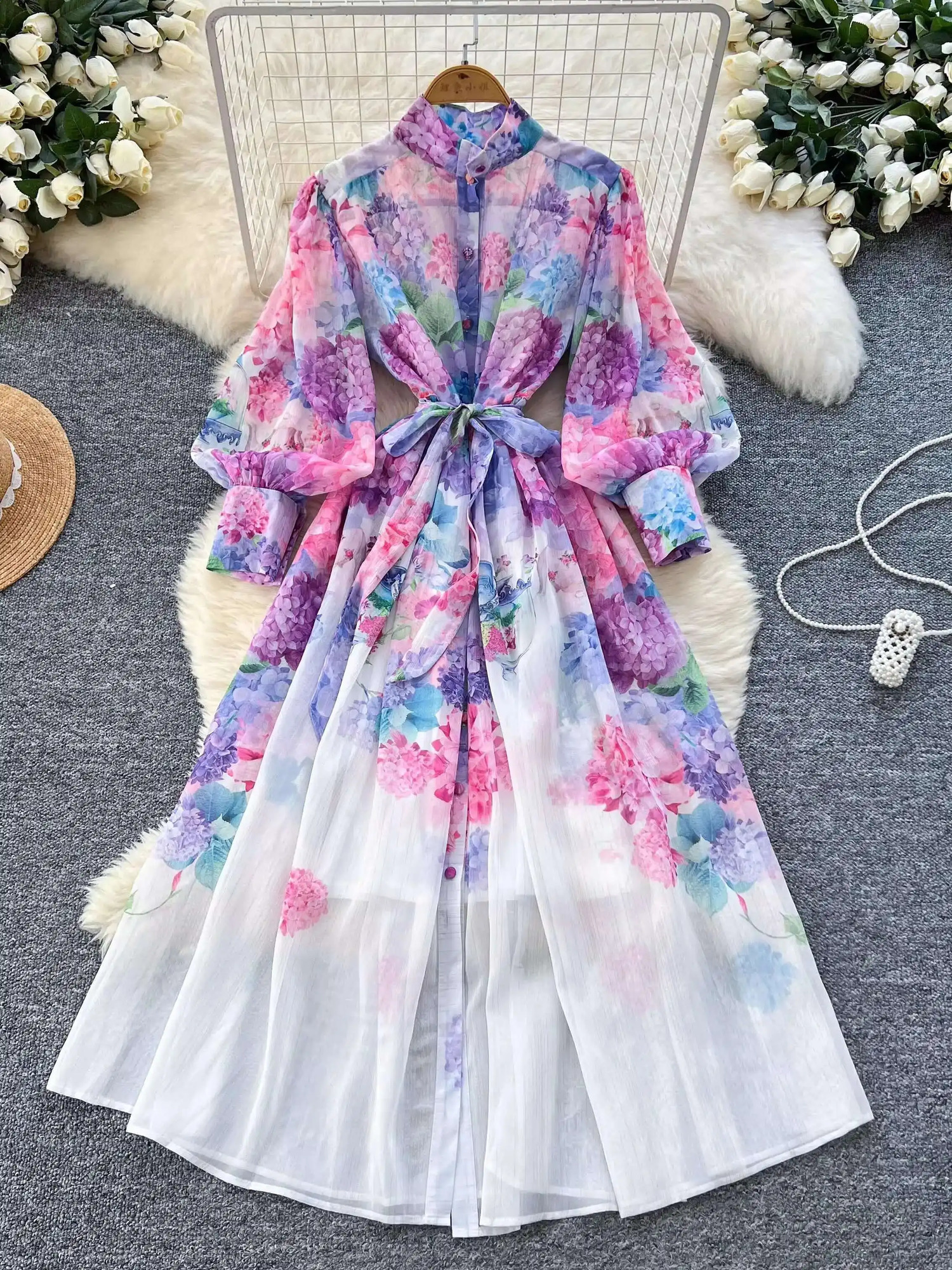 Elegant Florla à manches longues MAXI MAXI ROBLE POUR FEMMES SUMME AUTOMNE SÉGION SIMPLE PRIMÉ MIDI Robes en mousseline de soie robe 250808