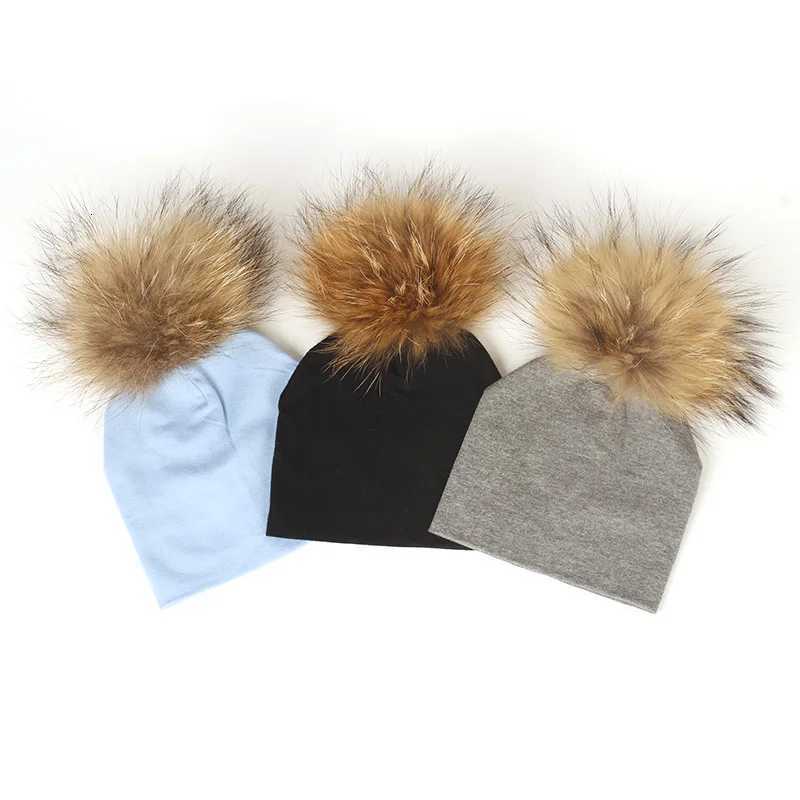 0-3 Months Baby Boys Soft Cotton Real Fur Pom Beanies Hats For Newborn Girls Spring Autumn Kids Infants Toddler Hats XJ250809