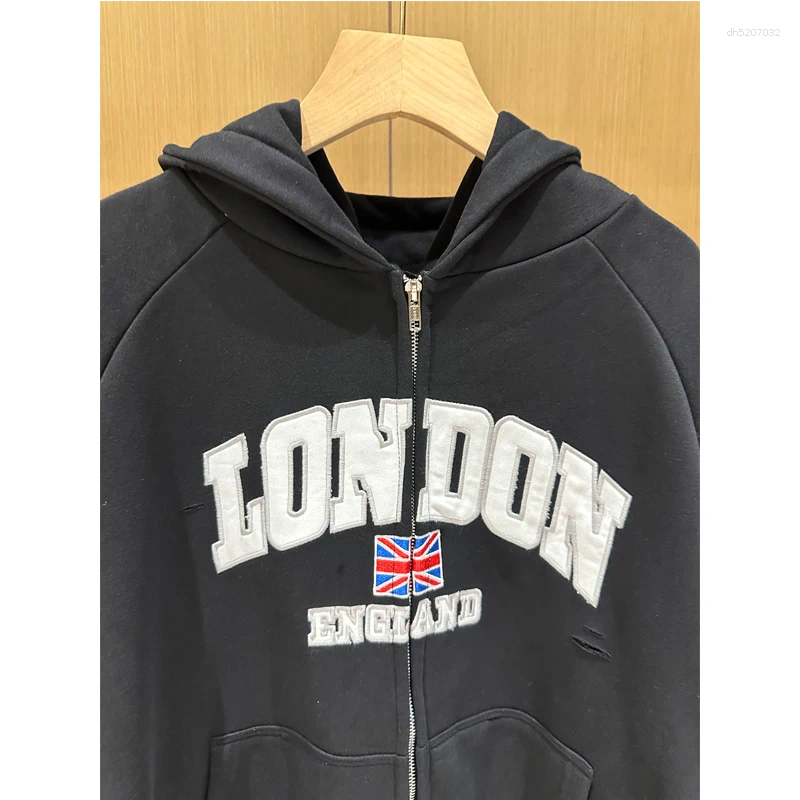 Hoodies à hommes swets lavés Hole d'épissage endommagé GR Broiderie Patch étiquette Men de poitrine Pilatage à capuche imprimé à manches poitrine