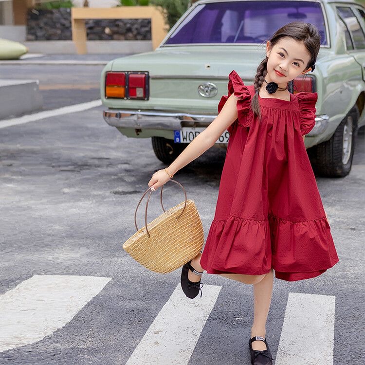 D171 Korean style summer solid color dress for girls princess dress summer style internet celebrity fashion middle and large children&#039;s styl-image-1070584153