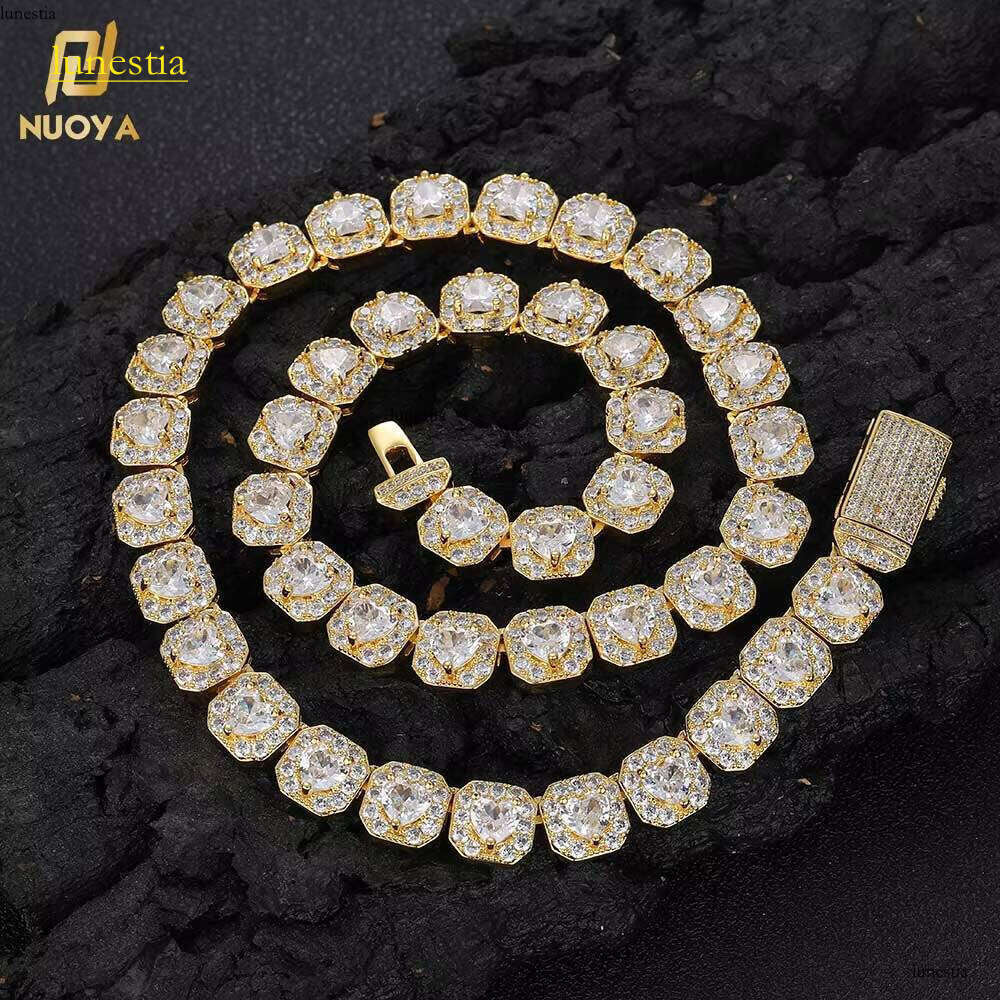 NUOYA New Arrive 10mm Iced Out Heart CZ Gold Sier Plated Square Shape Cluster Tennis Chain Necklace Jewelry for Women