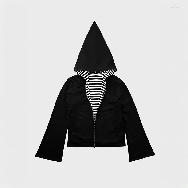 Mens Hoodies Fashion Trend Hoodie Black White Horizontal Striped Pointed Hood Design Zip Gothic Men Women Punk Casual Streetwear