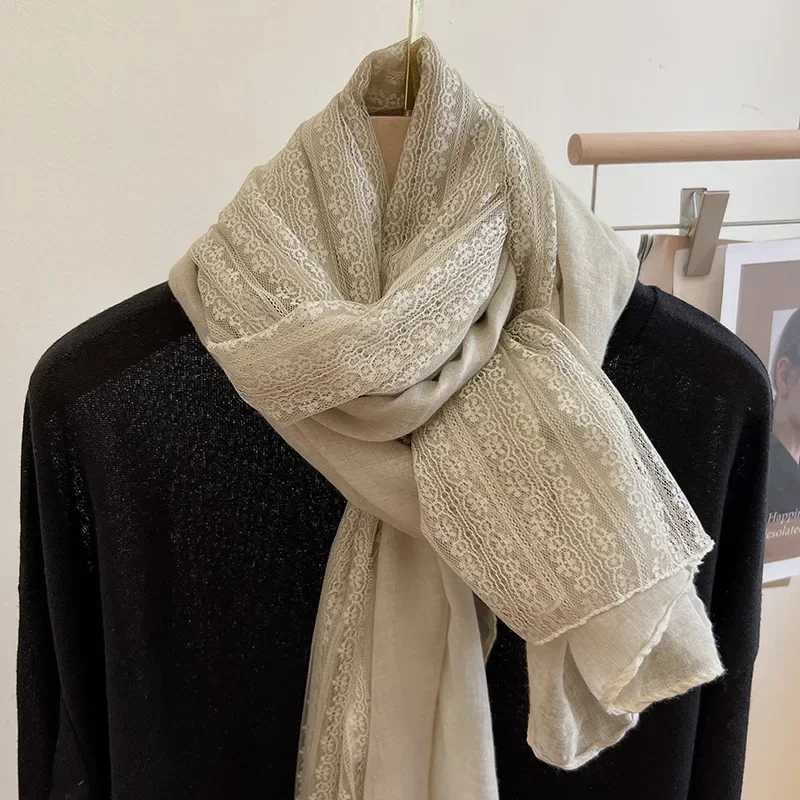 French Winter Women Scarf Shawl Cotton Lace Vintage Keep Warm Neck Cover Fashion Solid Color Wrap Elegant Lady Christmas Gift 250815