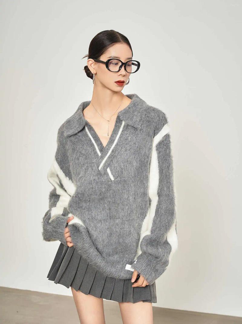 Womens Hoodies Grey Premium Mohair Knitted Sweater For Women In Autumn And Winter 2025 Featuring A Unique Style With Lapel Lazy