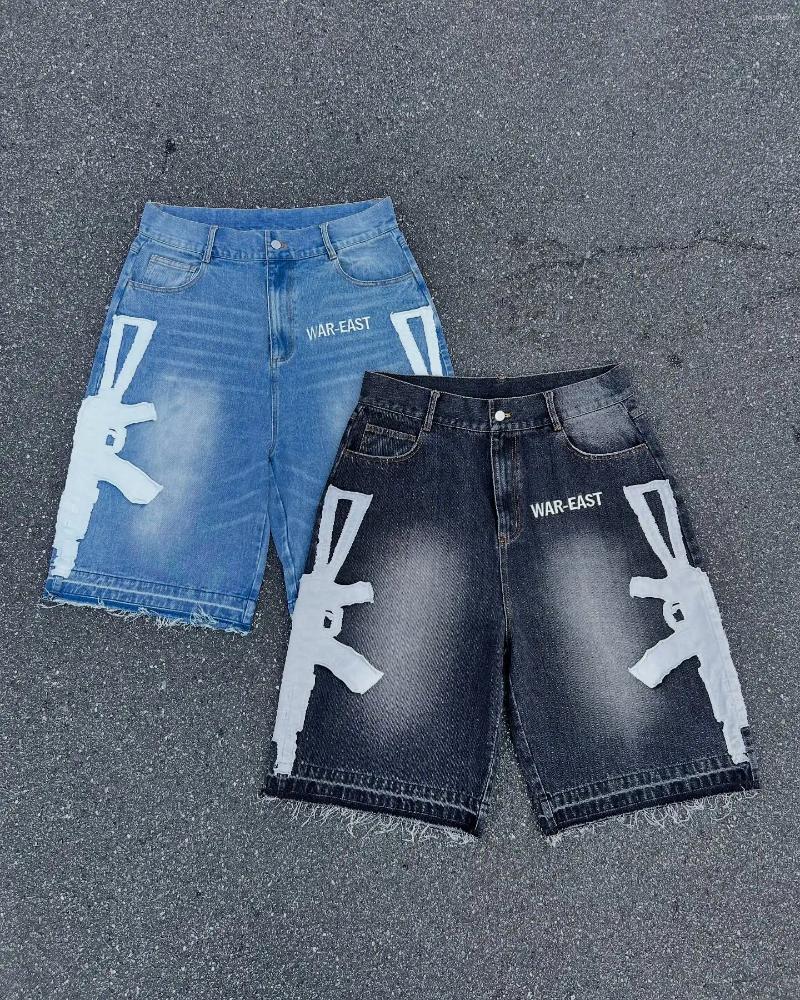 Men's Jeans Harajuku Two Guns Shorts Skateboarding Trendy Unisex Trousers Five-pair Pants Cargo Print Hip-hop Rock Casual Streetwear Men Clo