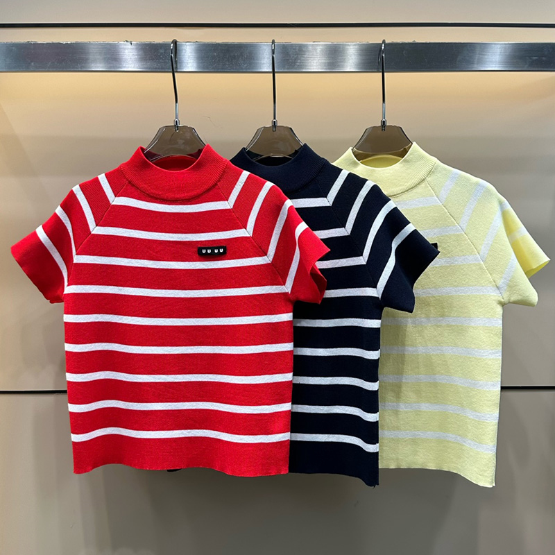 Brand Striped Embroidered T Shirts Women Designer Summer Slim Fit Short Sleeve Tops Knitted Breathable Simple Casual Tees 32$