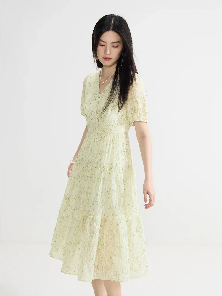 Femme en V-Neck Jaune Florale longue robe A-Line Tempérament à manches courtes Robe violette femelle à mi-mollet