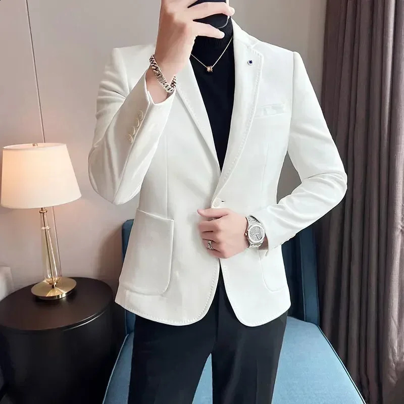 Fashion High Quality Suede Men Blazer Korean Slim Business Casual Suit Jacket Coat Dress Party Dark Green White Costume Homme 250811