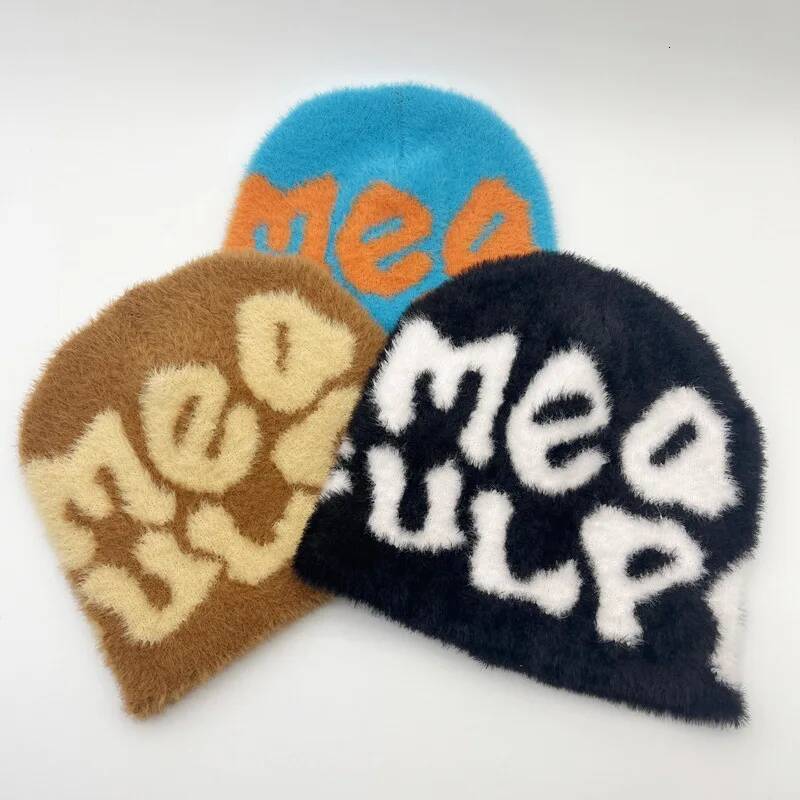 New Ins Popular Unisex Autumn Funny Mink Fur Winter Women's Cap With Letter Beanies Hat Men Warm Soft Skullies Bonnets Gift ddmythur