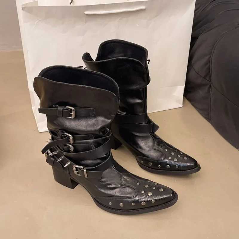 Wan Black Mid-Calf Platform Low Heel Trend Punk Gothic New Rock Leather Fion Wen Chunky Knight Motorcycle Footwear Y250812