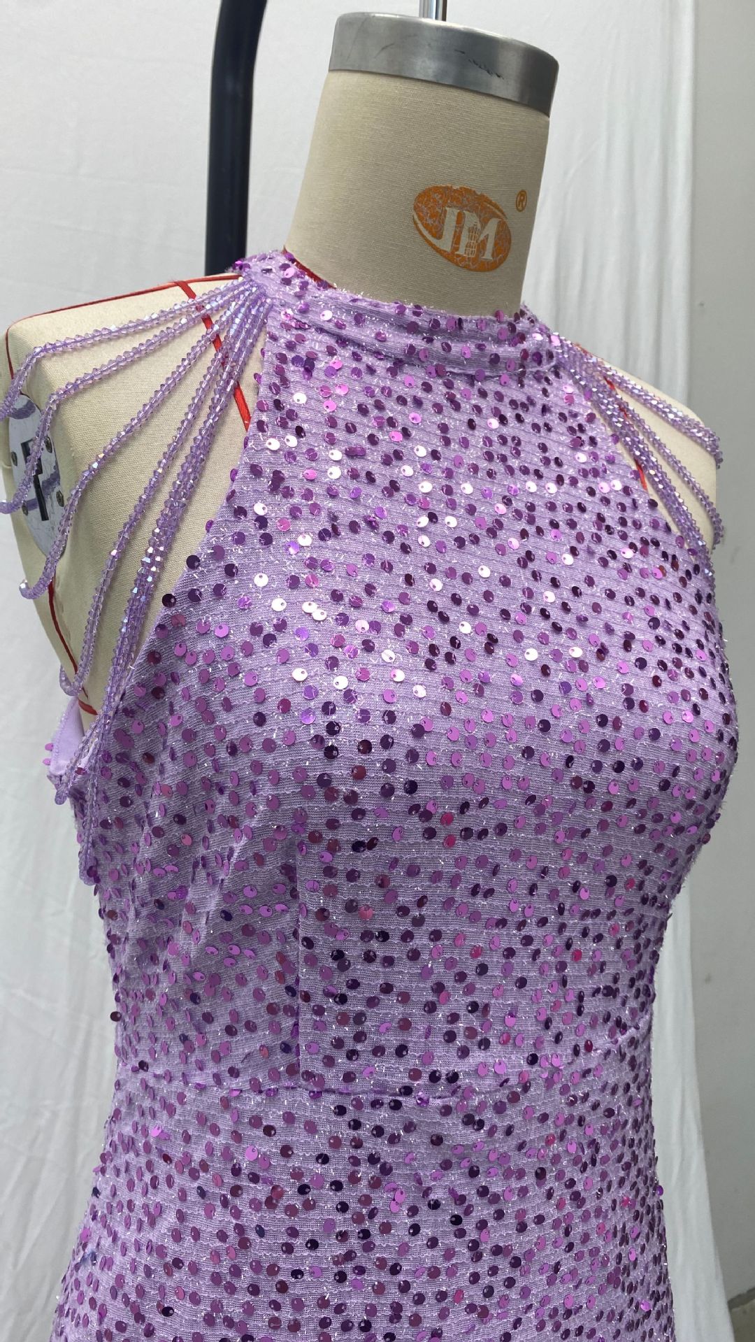 (396) Spring new sexy fashion halter neck off-shoulder tassel hip-wrapped crystal stitching sequin dress