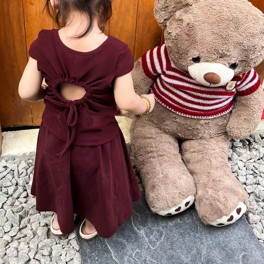 D185 Girls&#039; suit skirt summer 2025 new hollow back top skirt Korean style casual two-piece suit-image-1070884017