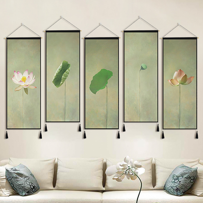 Tea room background wall decoration painting living room cotton and linen lotus hanging painting sofa fabric mural PZ3T01-image-1070853786