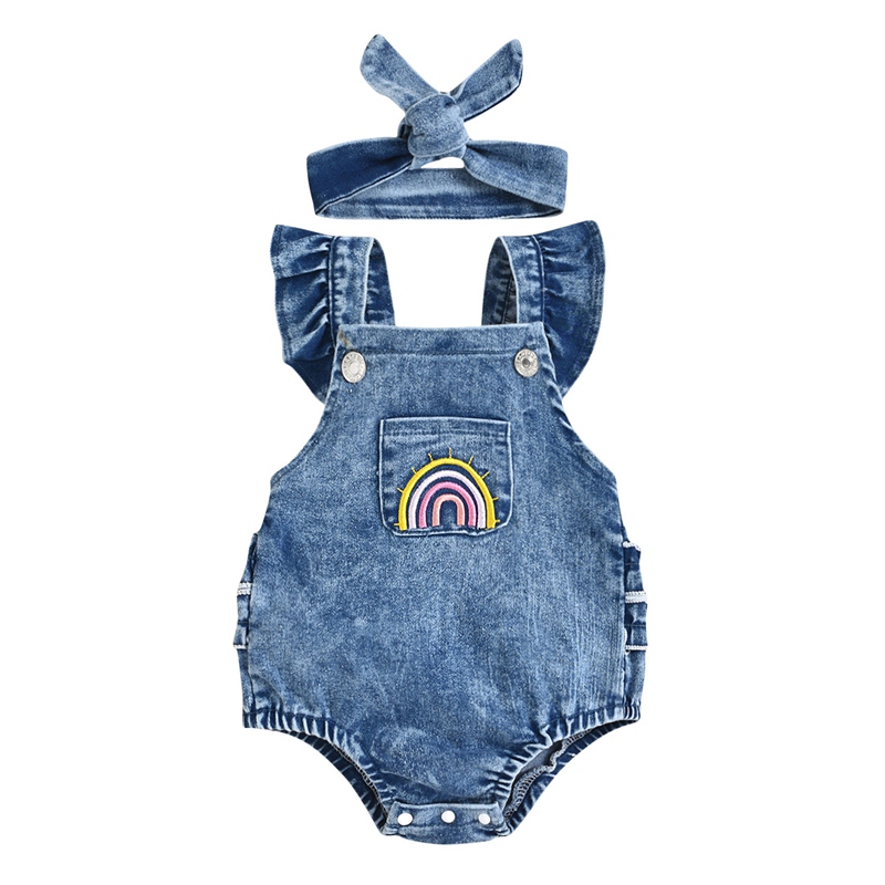 Ensemble de vêtements pour nouveau-né fille, tenues en Denim, manches à volants + bandeau, costumes 2 pièces pour filles