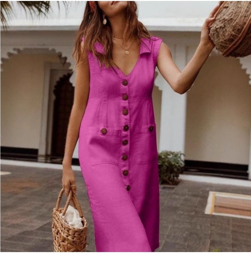 (555) European and American V-neck Single-breasted Buttoned Dress