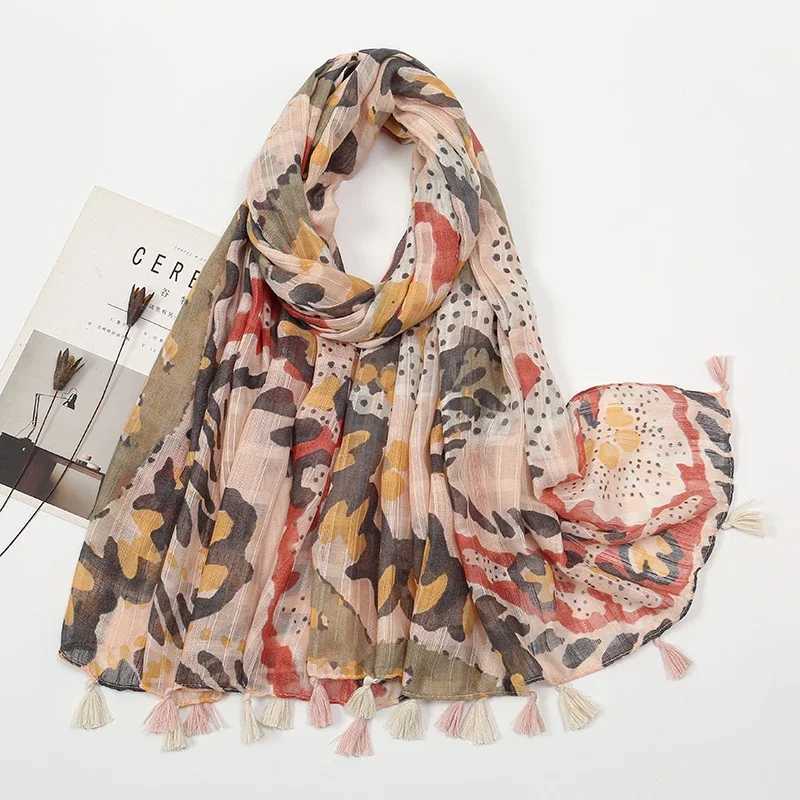 New Soft Linen Cotton Scarf Shawls Women Luxury Premium Foulard Femme Long Spotted leopard print Tassel Scarfs Scarves Echarpe 250815