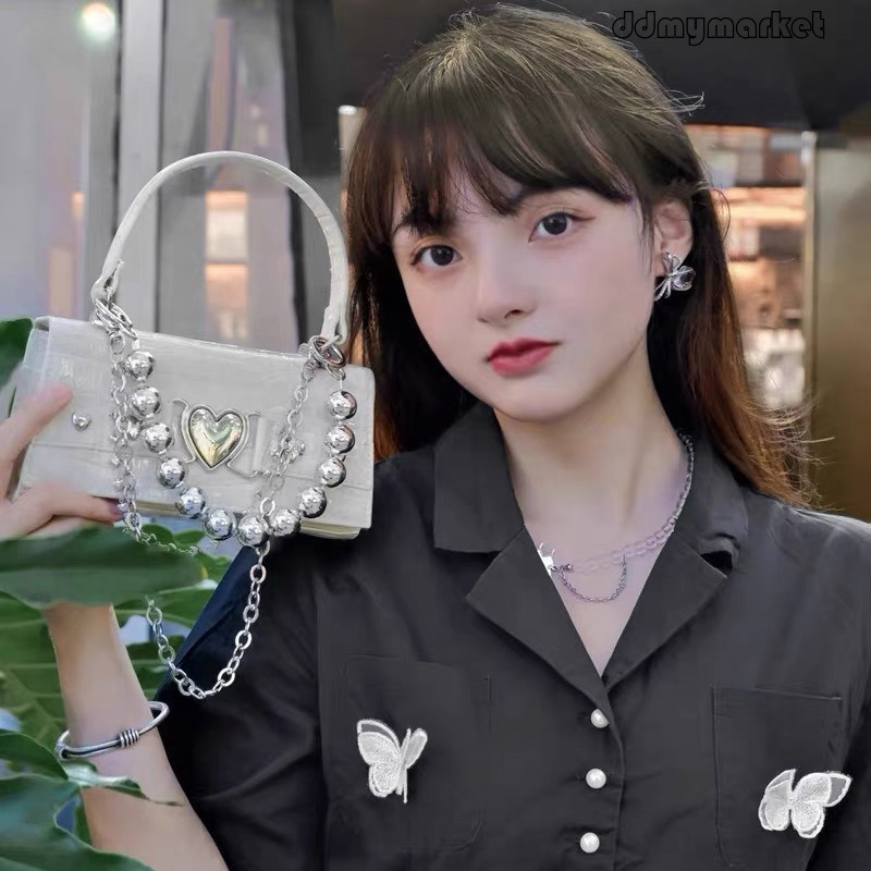 Ddmymarket New Crocodile Pattern Heart Ball Handbag for Women Sweet Cool Girl Style Chain Shoulder Crossbody Small Square Bag