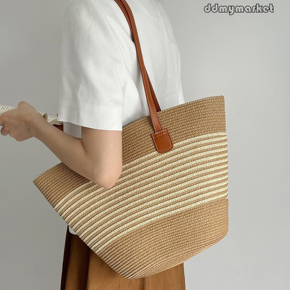 Ddmymarket Striped Straw for Women Summer Beach Casual Versatile Large Capacity Shoulder Tote Bucket Bag