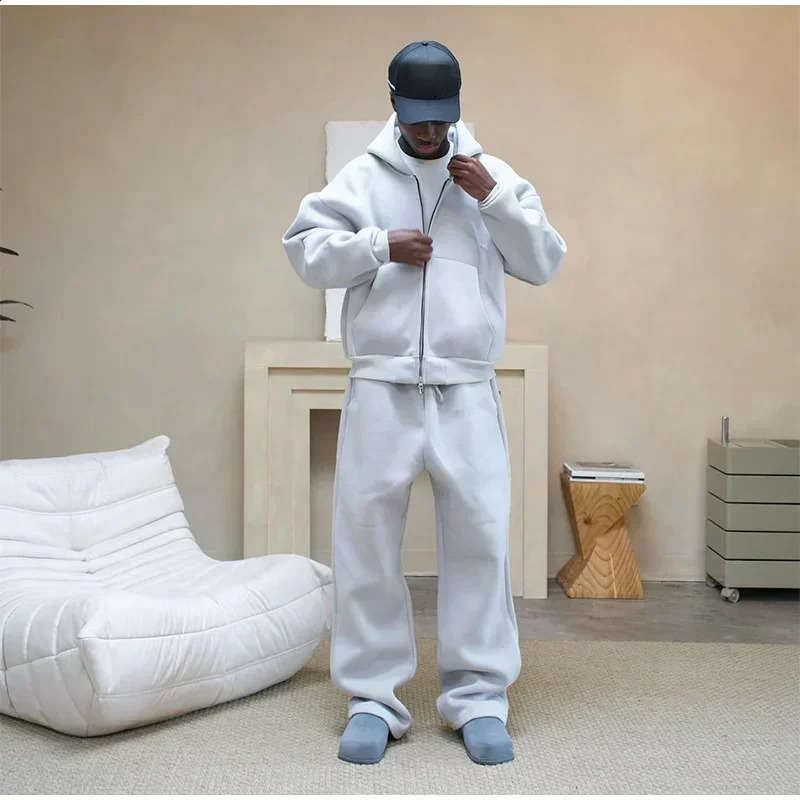 American Fashion Solid Color Fleece Oversized Sweatshirt Mens Two-Piece Y2K Harajuku Hip-Hop Gothic Joker Slacks Jogging Pants 250811