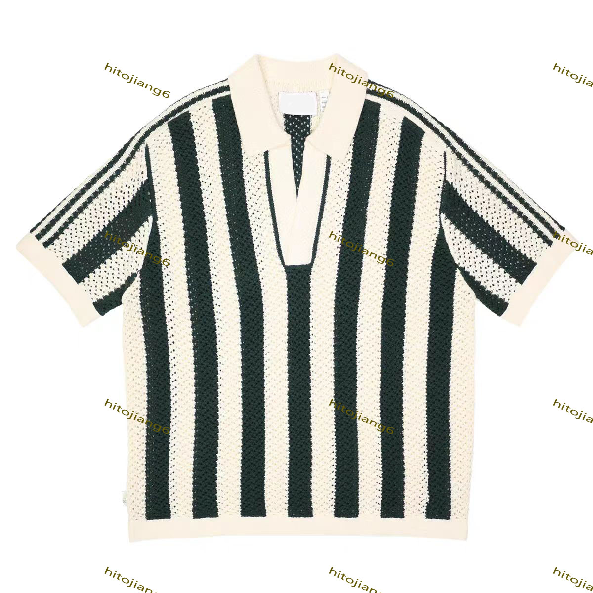 Men's European and American style coarse needle hollow knitted sweater with striped contrasting color woolen casual polo shirt temperament v
