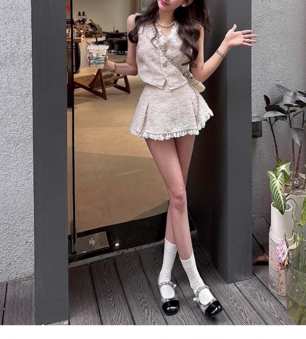 Coarse Tweed Lace Ruffled Spliced V-neck Tank Top Women Sweet High-waisted A-line Skirt Summer Chic Slim Two Pieces Set dongdumaoyi
