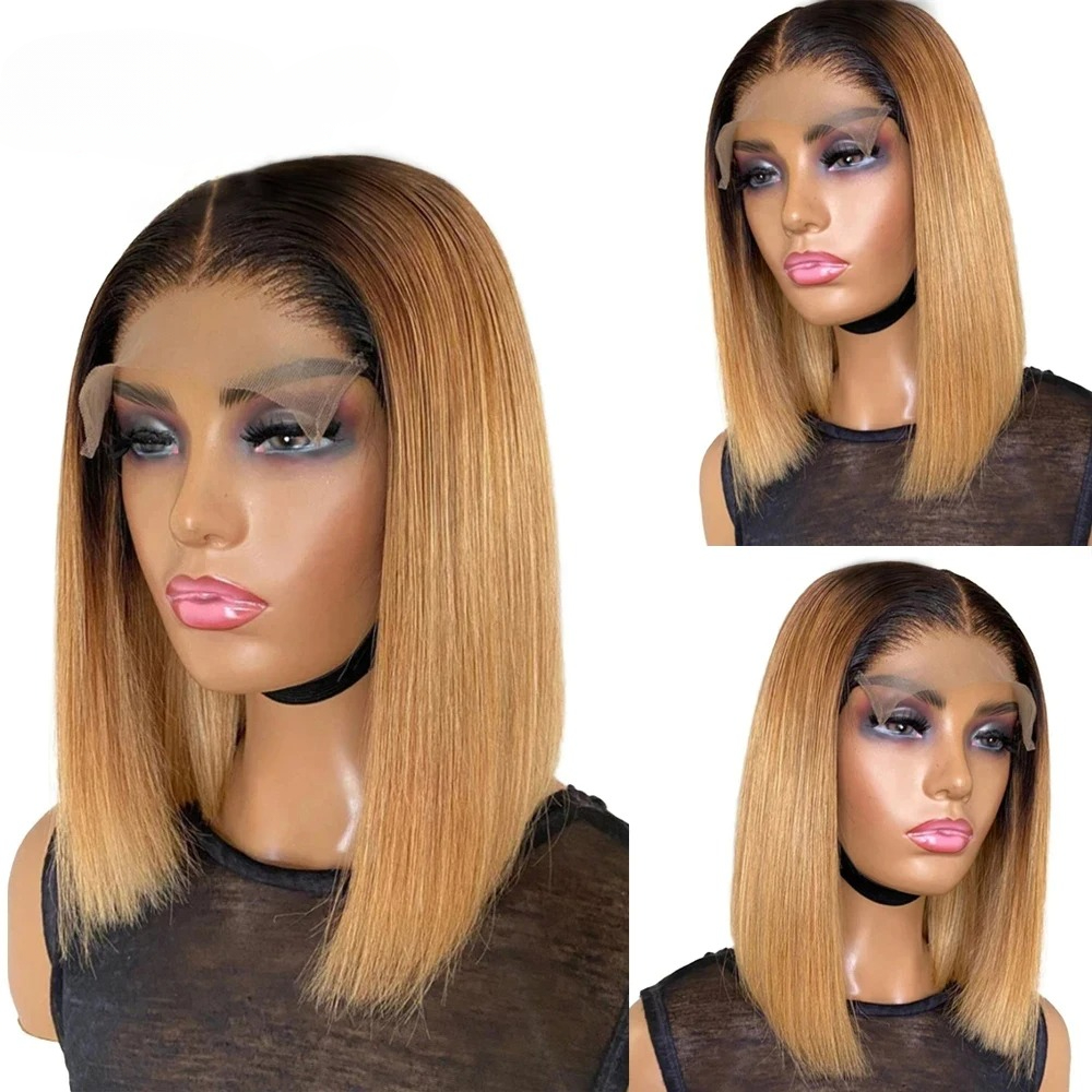 Courte ombre miel blonde bob perruque avec cheveux de bébé miel brun raide coiffure humaine perruques en dentelle 1b27 Brown Wigs synthétique pou