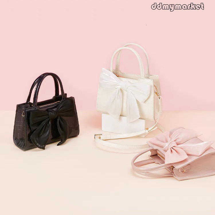 Ddmymarket Textured Bowknot Pearl Pink Small Square Same Style as in Physical Stores Crocodile Pattern Cute Single Shoulder Crossbody Bag for Women